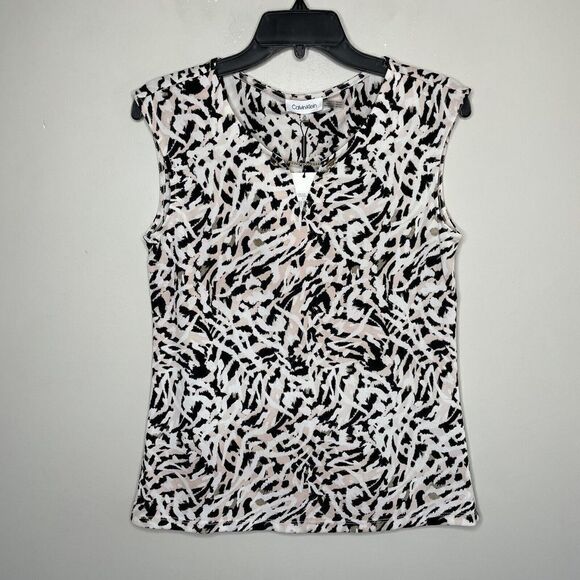 CALVIN KLEIN Sleeveless Top Women XS NEW Ivory-Pink Print Hardware-Detail Career - Picture 1 of 8